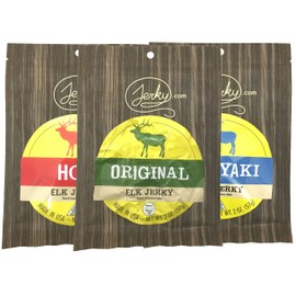 Jerky.com's Elk Jerky Sampler - TESTER 3 PACK - Original Elk Jerky, Teriyaki Elk Jerky and Hot Elk Jerky - World Famous, Small Batch Elk Jerky - 5.75 total oz.