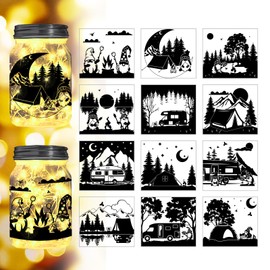 Peacoblue Silhouette Stickers Cutouts for Jars, Window, Glass, Wall, Wishing Bottle Decor, 12Pcs Dwarf Camping Silhouette for Lantern DIY Craft Kit Jar Decals Art Mural Party Decor (Dwarf Camping)