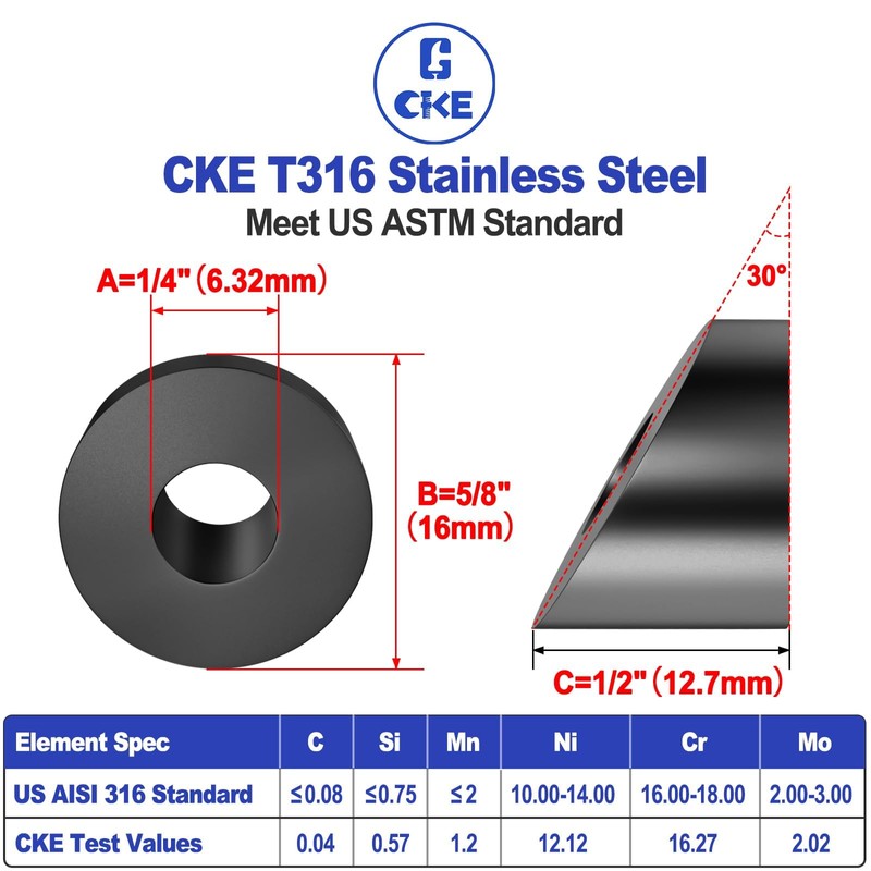 CKE 50 Pack 1/4" Black Angle Beveled Washers for Cable