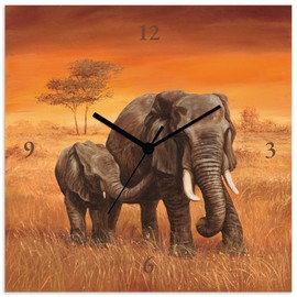 ARTLAND Wall Decoration Wall Clock without Ticking Noises Canvas Radio-Controlled Clock 30 x 30 cm Square Silent Africa Elephant Animals Safari Holiday Colonial Style T4JT