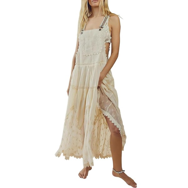 chouyatou Women's Lace Embroidered Tiered Maxi Dress Casual Suspender Strap