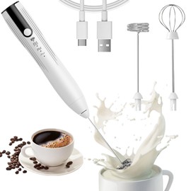 NICLY Agitador de Leche Eléctrico Recargable con 3 Velocidades Ajustables y 2 Cabezales de Batidores de Acero Inoxidable, Batidor Eléctrico de Mano, Agitador Mini de Cocina para Huevo (4, Blanco)