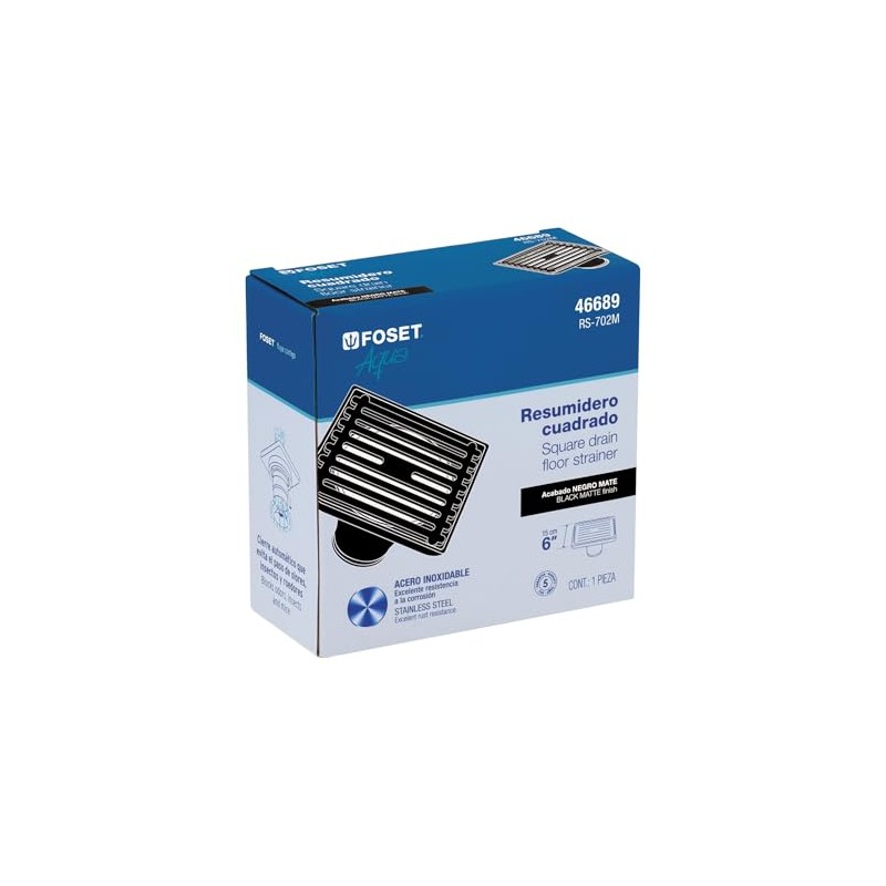 Foset RS-702M, Resumidero cuadrado 6"x 6" acero inoxidable color negro