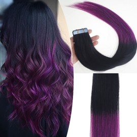 Fenicy Tape in Human Hair Extensions Ombre Jet Black to Purple Seamless Skin Wefts Tape on Real Remy Hair Extensions 16inch 20pcs