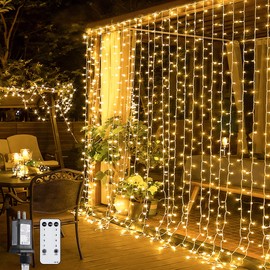 JMEXSUSS 300 LED Remote Control Curtain Lights, Plug in Fairy Curtain Lights Outdoor, Window Wall Hanging String Lights for Bedroom Indoor Dorm Backdrop Wedding Party Patio Christmas Decor, Warm White