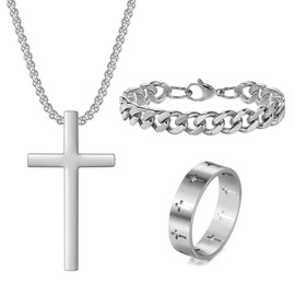 ZENGSING Men's Cross Necklace Bracelet Rings Set, Stainless Steel Cross Pendant Chain Cuban Chain Bracelet Cross Spinner Fidget Rings Set Gifts for Men Birthday Christmas, Stainless Steel, No Gemstone