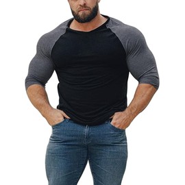 GYMAPE Mens Tapered Henley Shirts with Raglan 3/4 Sleeve Black-Dark Grey M