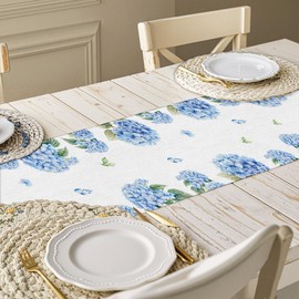 Hydrangea Butterfly Table Runner 13x72 inch, Spring Summer Floral Linen Table Runner for Dining Room Living Room Kitchen, Blue Hydrangea Holiday Party Decor for Home Indoor Outdoor Farmhouse