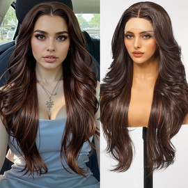 testar 13×3 Lace Front Wig Long Brown Body Wave Wigs for White Women Middle Part Synthetic Heat Resistant Fiber Wig for Daily Use