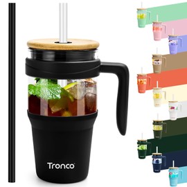 Tronco 32 oz Glass Tumbler with Handle, Straw and Bamboo Lid, Fits in Cup Holder, Iced Coffee & Smoothie Cup, BPA Free, Dishwasher Safe (Black)