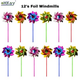 eMKay® Pack of 12 Foil Rainbow Windmills for Kids – Colourful Pinwheels with 30cm Sticks – For Garden Decoration, Party Bags, DIY Crafts, Events & Bird Deterrent