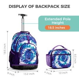 Choco Mocha Tie Dye Rolling Backpack for Girls with Lunch Bag, Large Travel Rolling Backpack Set for Teen Girls Middle School 18 Inch, Purple