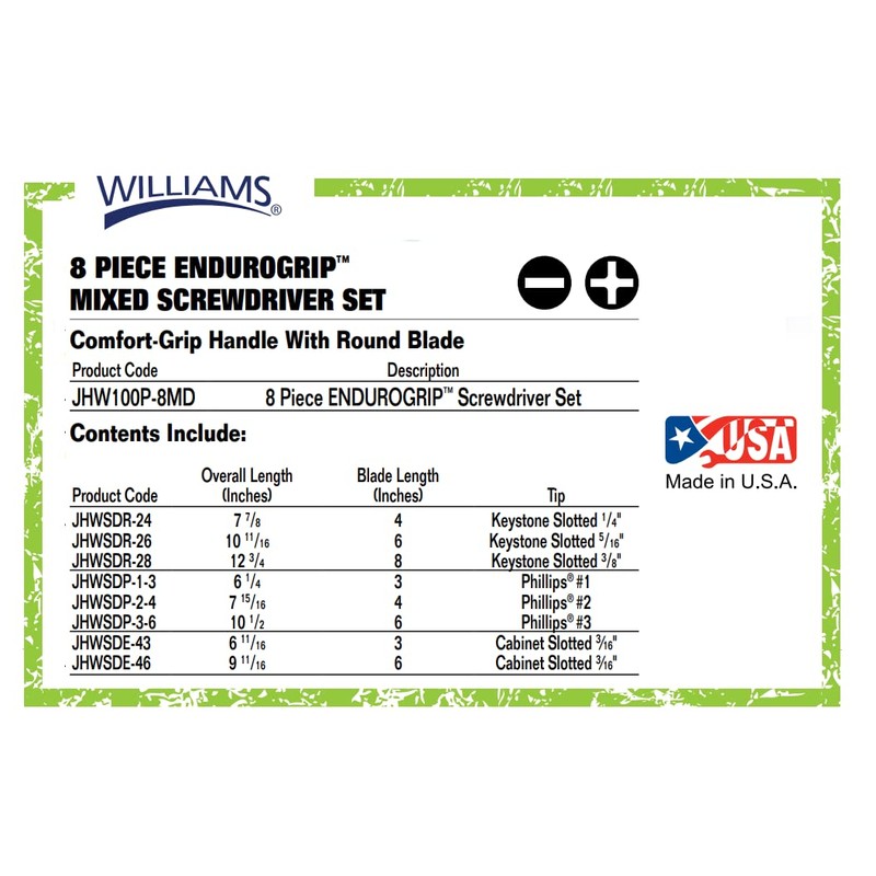 Williams Jhw100P-8Md 8-Piece Endurogrip Mixed Screwdriver Set