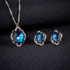 Sttiafay Rhinestone Bridal Jewellery Set Blue Gemstone Pendant Necklace Stud Earrings Set Gifts for Her / Mother, Alloy Steel, Rhinestone