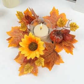 2 Pieces Fall Candle Rings Wreaths, Artificial Flower Maple Leaf Pumpkin Thanksgiving Candle Holders for Party, Thanksgiving Candle Garland Home Table Decorations