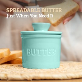 PriorityChef Butter Crock with Lid, On Demand Spreadable Butter, French Butter Keeper to Leave On Counter with Water Line, Ceramic French Butter Dish, Cool Green