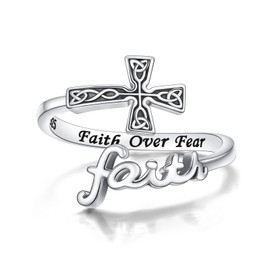 DAOCHONG Cross Rings for Women 925 Sterling Silver Faith Cross Adjustable Ring Sacred Purity Rings Inspiration Christian Faith Jewelry For Women, Sterling Silver, No Gemstone