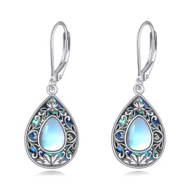 Vadmans Moonstone Teardrop Earrings Sterling Silver Abalone Shell Vintage Filigree Lotus Dangle Earrings for Women Hypoallergenic Leverback Drop Earrings Jewelry Gift
