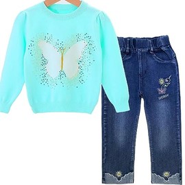 Peacolate 3-8Years Green Butterfly Pullover Sweater with Flower Denim Jeans Clothing sets for Little Kids Girls(Green,7-8T)