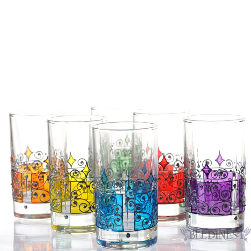 Hand Painted 6 Cups/Tea Glasses, Moorish Unique Decorative Glasses