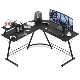 MoNiBloom L Shaped Gaming Desk Computer Corner Table with Metal Frame, L Desk Workstation for Home Office, Space-Saving, Black