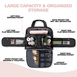 HFLZBRO Travel Toiletry Bag – Lightweight Puffy Makeup Bag for Women, Large Wide-Open Cosmetic Organizer with Dry-Wet Separation, Luggage Strap & Handle for Easy Travel, Gym, Essentials (Black)