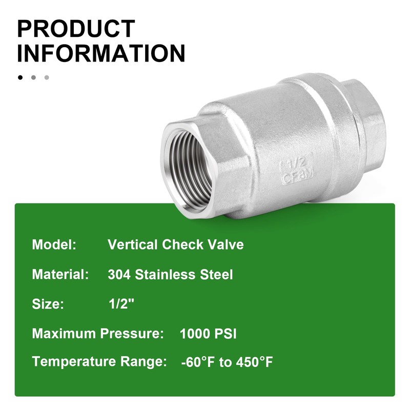 TAISHER 2PCS 304 Stainless Steel 1/2" Female Vertical Check Valve，Backflow