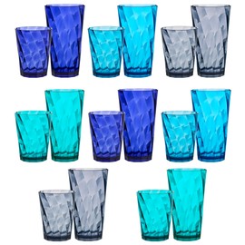 US Acrylic Optix Plastic Reusable Drinking Glasses (Set of 16) 14oz Rocks & 20oz Water Cups in Coastal Colors | BPA-Free Tumblers, Made in USA | Top-Rack Dishwasher Safe