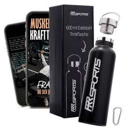 RR Sports - Stainless Steel Water Bottle, Dishwasher Safe, 600 ml, Sports Water Bottle, 100% Plastic-Free & BPA Free, Fitness, Gym & Gym, Leak-Proof, Insulated, Sports Bottle, Black