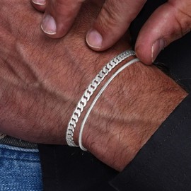 Picuzzy Mens Bracelet, 2pcs Sterling Silver Bracelet for Men Bracelets Set with Cuban & Herringbone Chain Bracelet 6.5 Inches Trendy Jewelry Christmas Gift for Dad Husband
