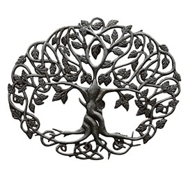 Celtic Trinity Knot Inspired Wall Hanging Tree of Life, Unique Metal Home Decor 17 x 23 Inches Oval, Steel Drum Art