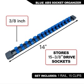 JIYOSE 3/8-Inch Drive ABS Socket Organizer, Heavy Duty Socket Racks, Socket Holder Kit 3/8-Inch x 15 Clips Premium Quality Socket Clip Rail Holder(3/8-Blue)