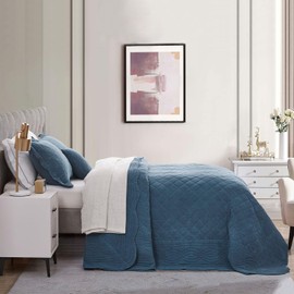 HZ & HY Oversized King Bedspread 128x120 Extra Wide - Shabby Chic Rustic Look - Enzyme Washed, Ultra Soft & Lightweight, Reversible, Cotton/Polyester, 5 Piece, King/Cal King, Majolica Blue