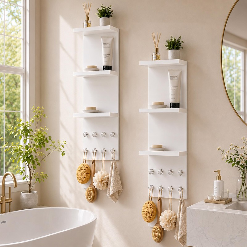3 Tier White Floating Wall Vanity Shelf with 8 Crystal