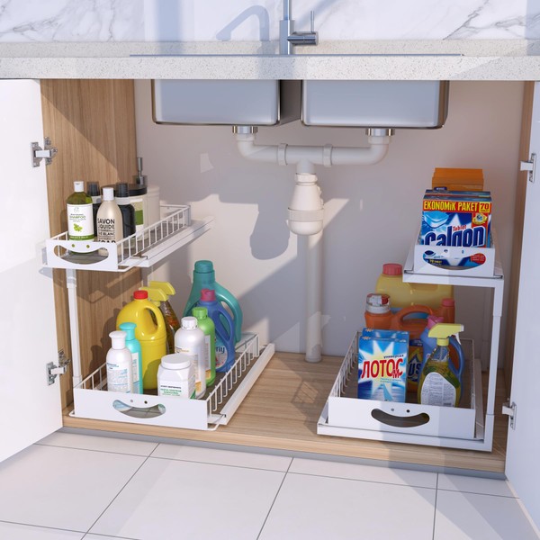 KPGRN Under Kitchen Sink Organizers,2-Tier Storge Rack with Sliding Drawers,Smiley