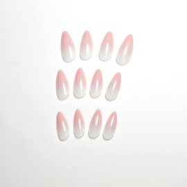 Ombre from Pink to Pearl White Nails for Gluing Medium, KXAMELIE French Almond Artificial Nails Colour Gradient Pink Nails Sticking, Reusable Natural Acrylic Nails More Durable for Women and Girls