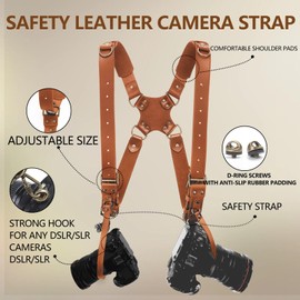 4J LEDR Camera Harness for 2 Cameras Small Size,Dual Shoulder Leather Camera Strap,Double Leather Camera Harness for DSLR/SLR, Tan, ADJUSTABLE camera harness