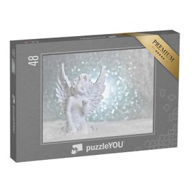 puzzleYOU: Puzzle 48 Pieces "Guardian Angel in the Snow on Shiny Lights, Christmas" - from the Angel Puzzle Collection