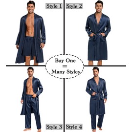 SWOMOG Mens 3 PCS Satin Robe with Pants & Shorts Set Kimono Bathrobe Long Sleeve Sleepwear Pjs Sets with Pockets Deep Grey Medium