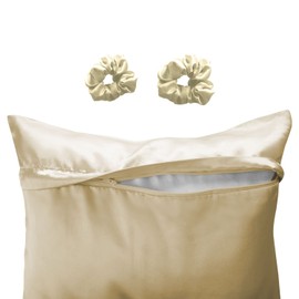 Alexandra's Secret Satin Bed Zippered Pillowcase with Scrunchies for Hair and Skin Pack of 2 Gift Set Luxury Soft and Cooling Sleep Silky Pillow Cases with Zipper (King, Beige)