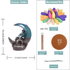 Textiluxe Moon Backflow Incense Burner, Waterfall Incense Burner, with 100 Incense Cones + 30 Incense Sticks, Incense Cone Holder, Home Decoration, Gifts (Navy Blue)