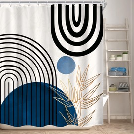 KOMLLEX Abstract Boho Shower Curtain for Bathroom Decor 60Wx72H Modern Blue Black Neutral Men Shower Curtain Chic Leaves Mid Century Simple Minimalist Fabric Waterproof Polyester 12 Pack Hooks