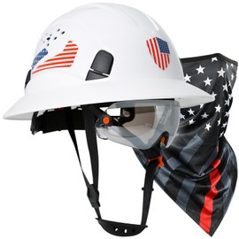 PerldVerge Full Brim Hard Hats Construction OSHA Approved with Tinted Visor -White Construction Worker Helmet with Neck Gaiter with Ear Loops,Safety Hard Hats for Men with Chin Strap,Type 1 Class C