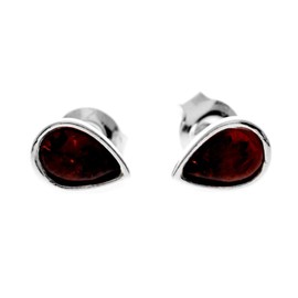 Genuine Cognac Baltic Amber set in 925 Sterling Silver Hearts Studs Round Earrings - AA013