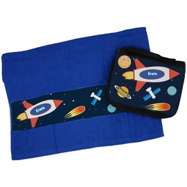 Eurofoto Handtuch + Kulturbeutel Set mit Namen Erwin und Weltraum-Motiv für Jungen | Handtuch und Kulturbeutel Bedruckt |