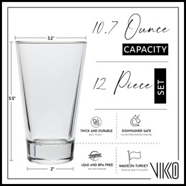 Vikko Drinking Glasses, 10.7 Ounce Drinking Glasses, Pack of 12 Crystal Clear Glass Cups for Water or Juice, Elegant Glass Tumbler & Water Glasses for Drinking