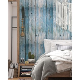 Blue Distressed Wood Wallpaper Vintage 17.3"x197" Blue Wood Wallpapers Rustic Wood Grain Contact Paper Peel and Stick Wallpaper Wood Plank Film Self Adhesive Removable Wall Paper Shiplap for Cabinets
