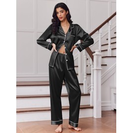 Ekouaer 2 Pack Satin Pajamas Set for Women Classic Button Down Silk Pjs Set Soft Sleepwear,Black/Clear Blue,XX-Large