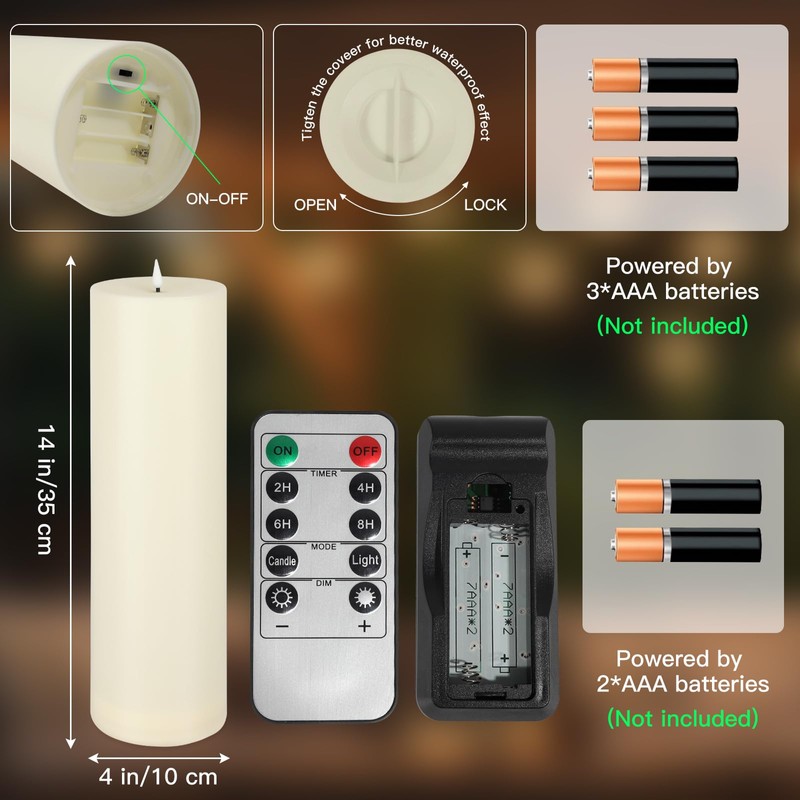 14" x 4" Large Outdoor Candles, Waterproof Flickering LED Flameless