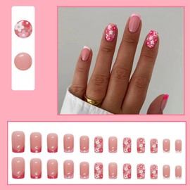 AkiliBIELY Square Press on Nails Short Medium Pink White Bare Floral Cute French Tip Glue on Nails Women Fake Nails Acrylic Gel Stick on Nails Fantasy Classy False Nails Wedding Birthday